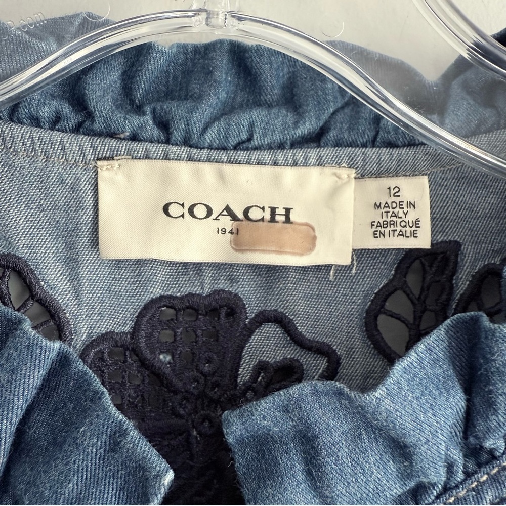 Coach Embroidered Denim Dress Blue Size 12 Made In Italy Snap Button Closure - Picture 10 of 16